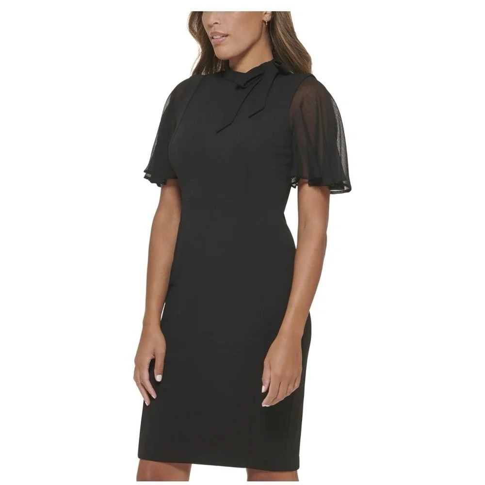 Calvin Klein Black Bow Neck Chiffon Sleeve Stretch Crepe Sheath Dress Size 12 - Picture 12 of 12